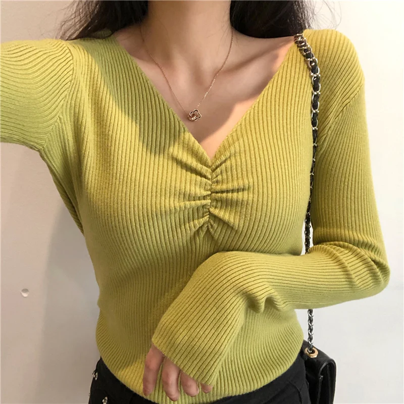 Zoki Sexy V Neck Women Sweater Autumn Knitted Pullover Jumper Chic Soft Korean Slim Long Sleeve Female Basic Top New