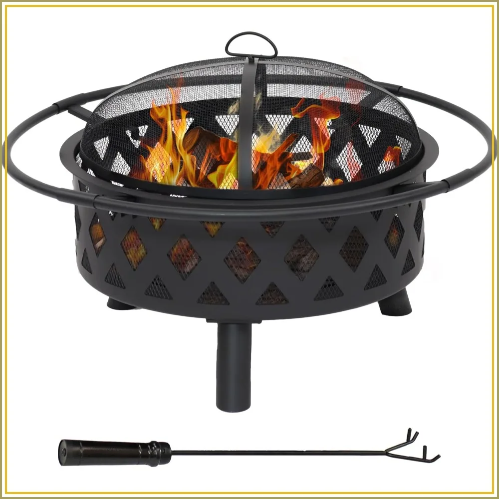 30 inch Outdoor Fire Pit Wood Burning Round Crossweave Small Patio Backyard