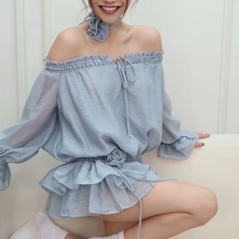 

Lace Lace Off-the-shoulder Halterneck Long Sleeve Dress Women's Spring Waist A-line Short Skirt