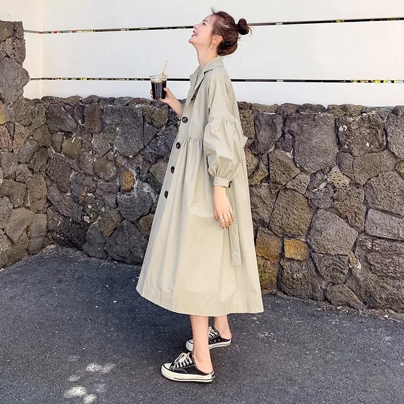 Windbreaker Coat Female Mid-Length Early Spring Autumn 2022 New Women Coat Korean Version Loose Lantern Sleeve Coat Suit Collar