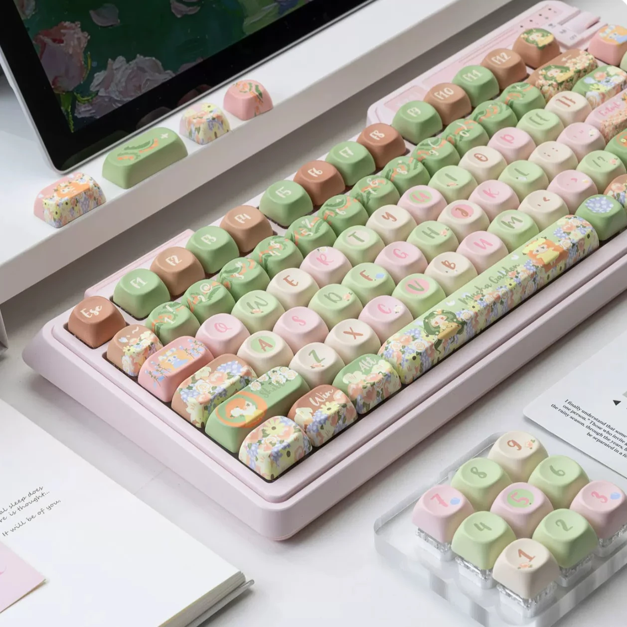 MAIMOOO Summer Garden Keycap MOA Profile PBT Custom Fresh Pink Green Cute Floral Keycaps for DIY Mechanical Keyboard Girls Gifts
