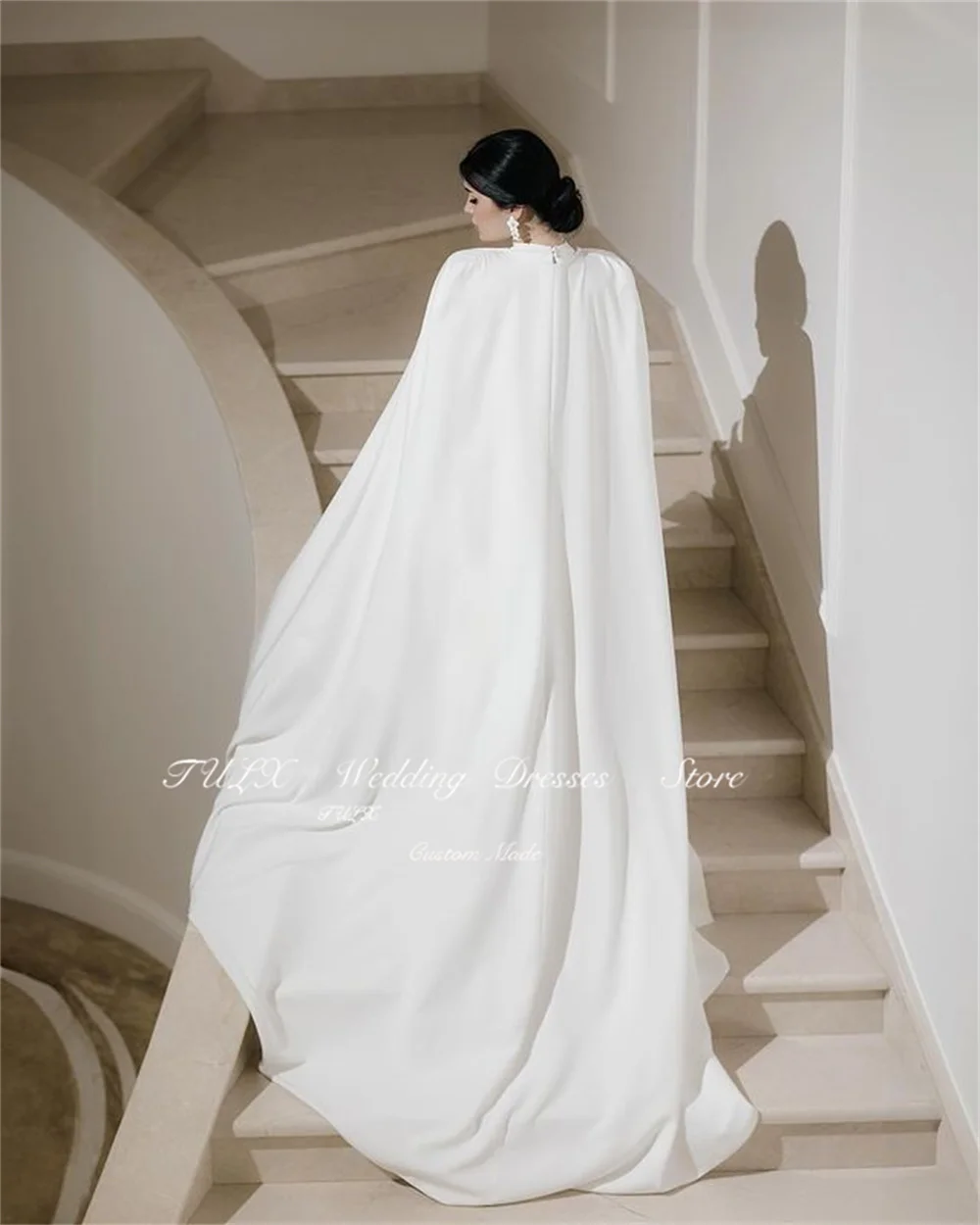 TULX Modest Satin with cape Wedding Dress Dubai Arabic Women Floor Length Long Sleeves Elegant Bridal Gowns Robe De Mariée 2025