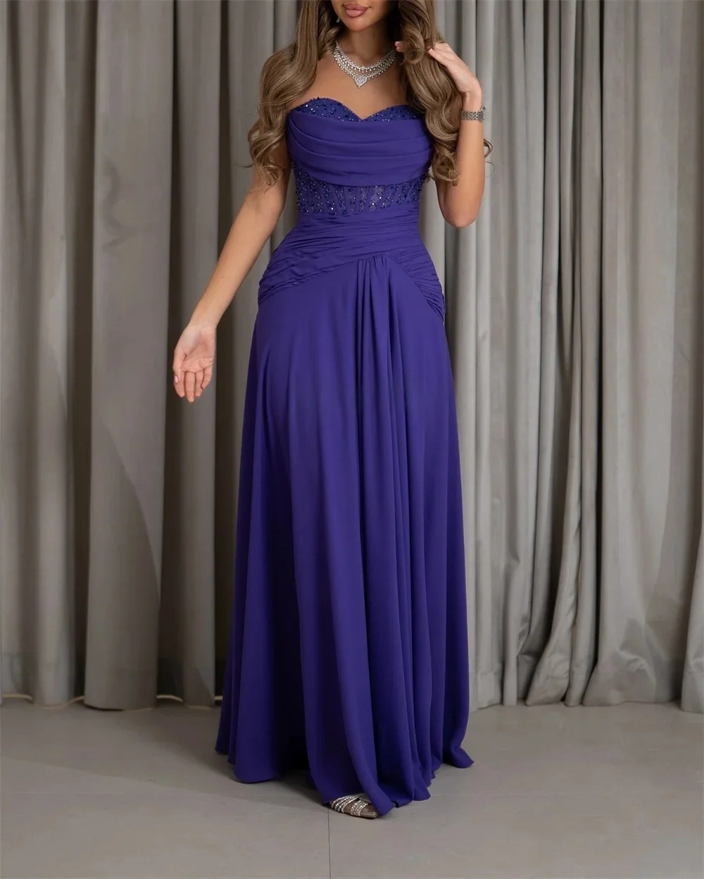 

Purple Pearls Party Long Bespoke Occasion Gown Evening Dresses Pastrol Unisex Jersey Retro Dubai Saudi Arabic Prom Customized