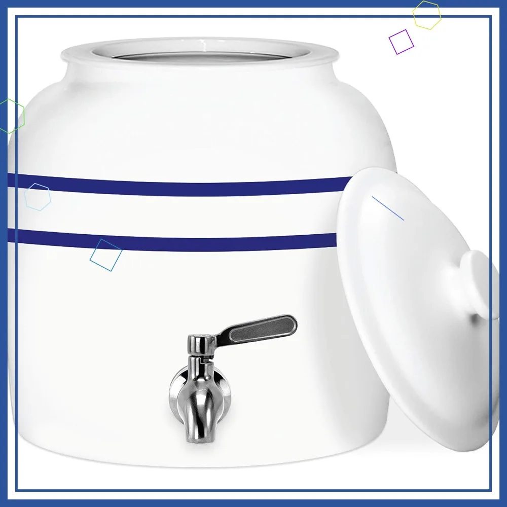 

Ceramic Water Dispenser with Stainless Steel Faucet, Valve and Lid, Fits 3-5 Gallon Jugs in Blue Stripe