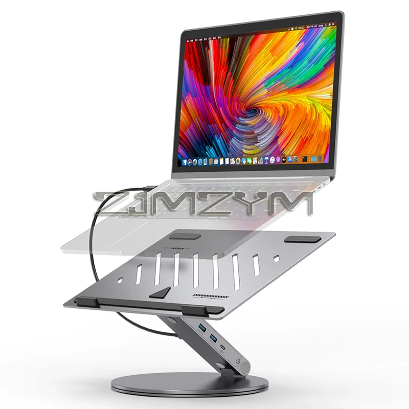 Aluminum Laptop Base Containing 6 In 1 USB Type C 360 Degree Rotating Adjustable Laptop Cooling Support