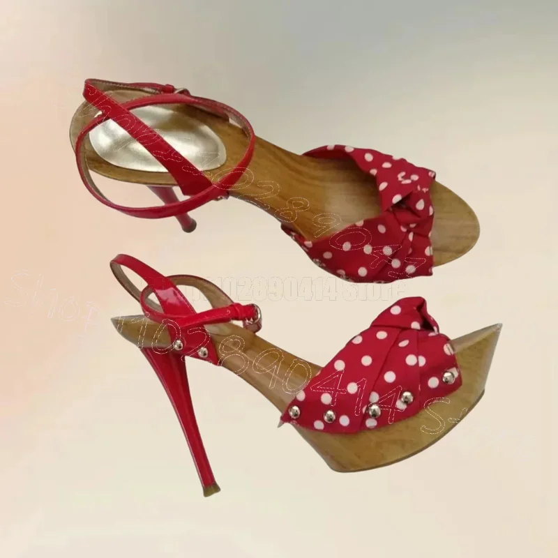 Red Wave Point Print Wooden Platform Sandals Buckle Strap Women Shoes Thin High Heels Open Toe Dating 2025 Zapatos Para Mujere