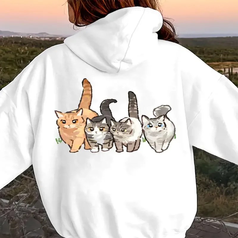 

Womens Plus Size Hoodie Cartoon Cat Print Streetwear Pullover Long Sleeve Casual Sweatshirt Front Pockets Autumn Winter Comfort