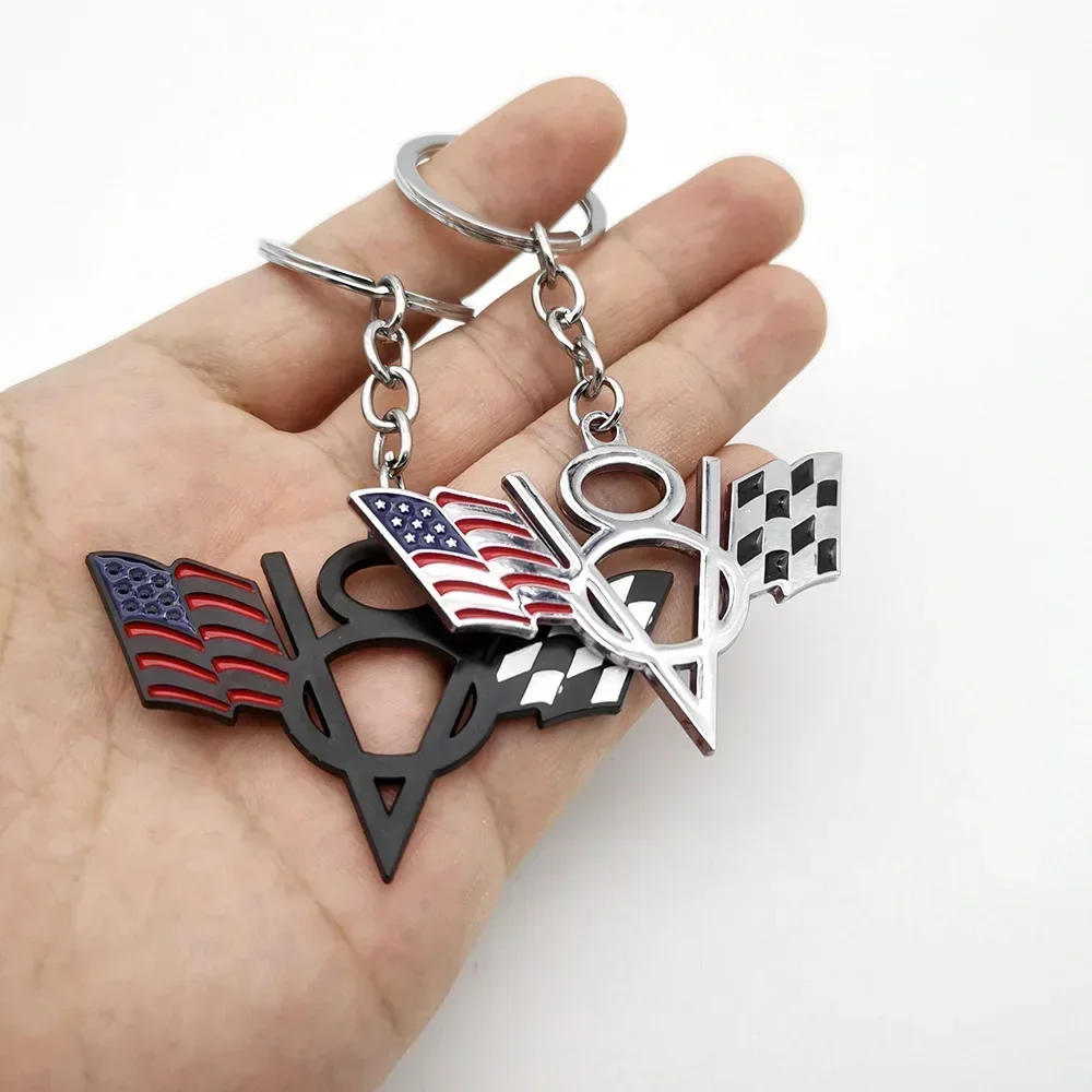 3D Metal V8 Flag Logo Keychain Keyring Car Emblem Badge Key Rings Holder for Chevrolet Doge Jeep Ford Accessories