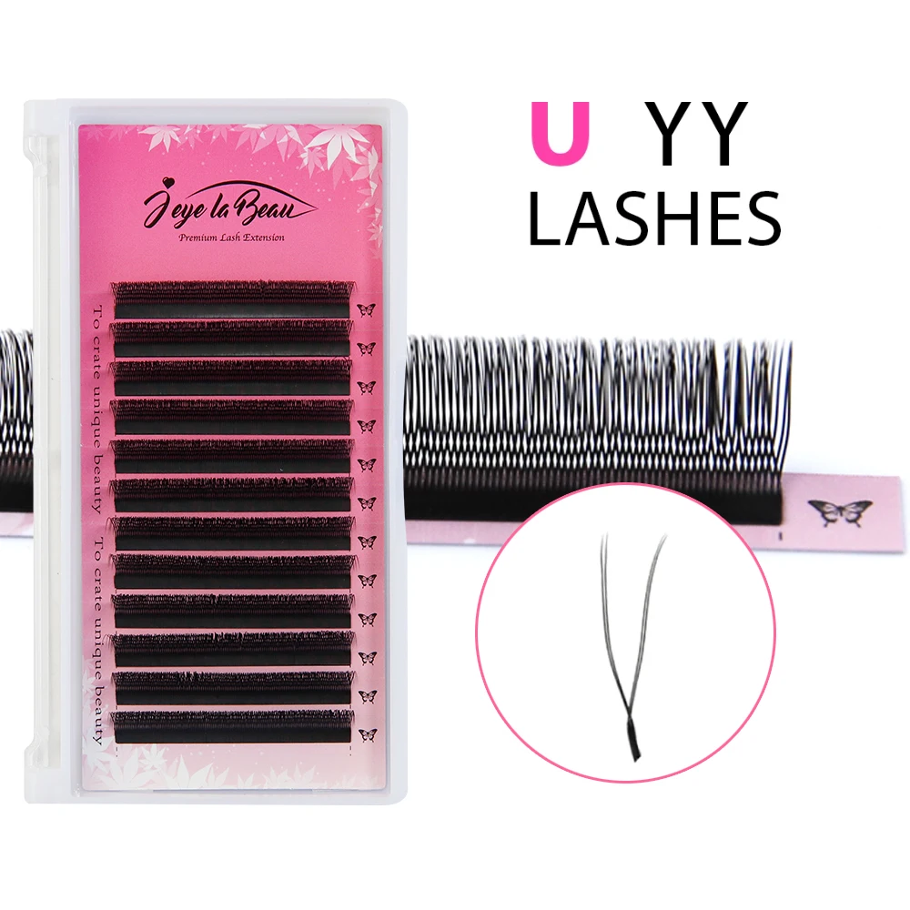 رموش YY على شكل حرف U تمديد 2D UY طبقة مزدوجة U Sahpe YY رموش فائقة النعومة رموش بالمنك الصناعية مراوح مسبقة الصنع