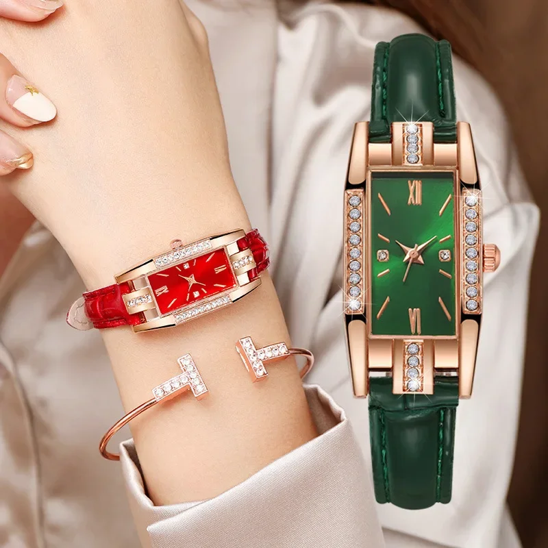 Reloj cuadrado de lujo para mujer, creativo, rojo, verde, esfera pequeña, relojes de diamantes para mujer, elegante reloj de cuarzo de cuero para mujer