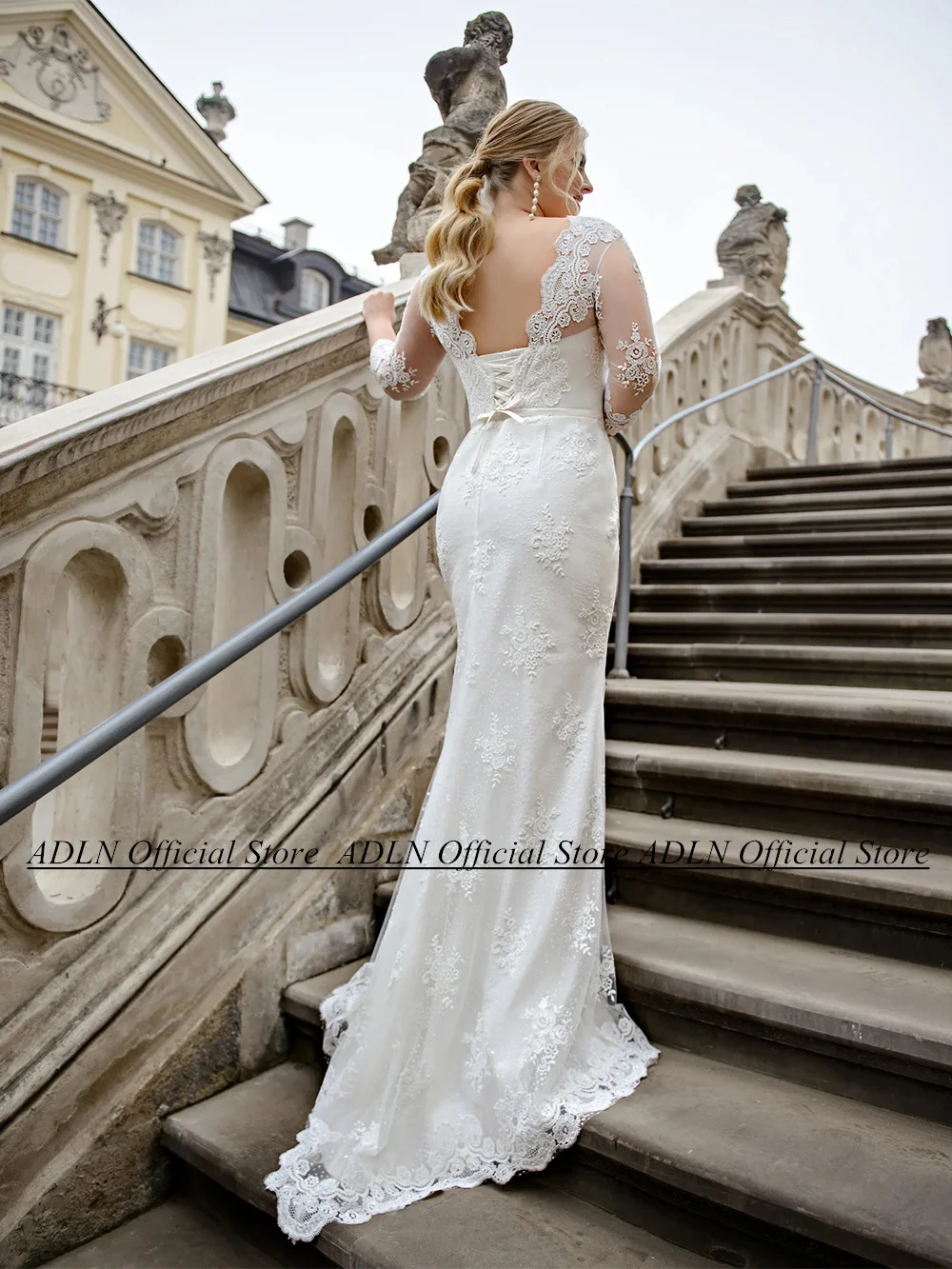 Vestido de novia clásico de talla grande, cola de tul desmontable, mangas 3/4, cuello en V, apliques de barrido Trawin, vestido de novia de sirena con purpurina