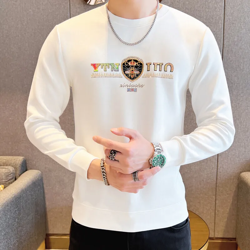 Fashionable European Spring 2025 Men's Bee Diamond Round Neck Sweater Letter Embroidery Trend Slim Fit Long Sleeve Pullover