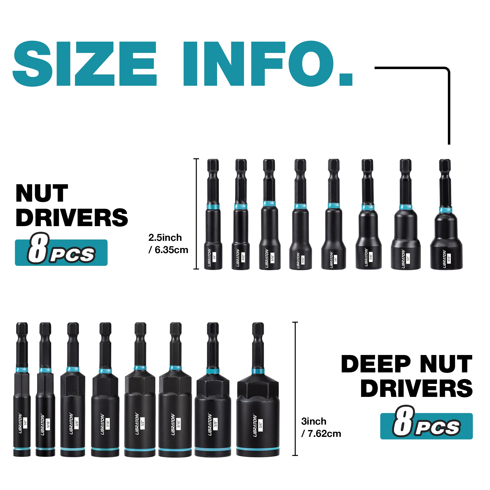 16xMagnetic Nut Driver Set SAE Nut Driver for Impact Drill Deep Nut Driver Set Impact Driver Bit Set with Toolbox for Car Repair