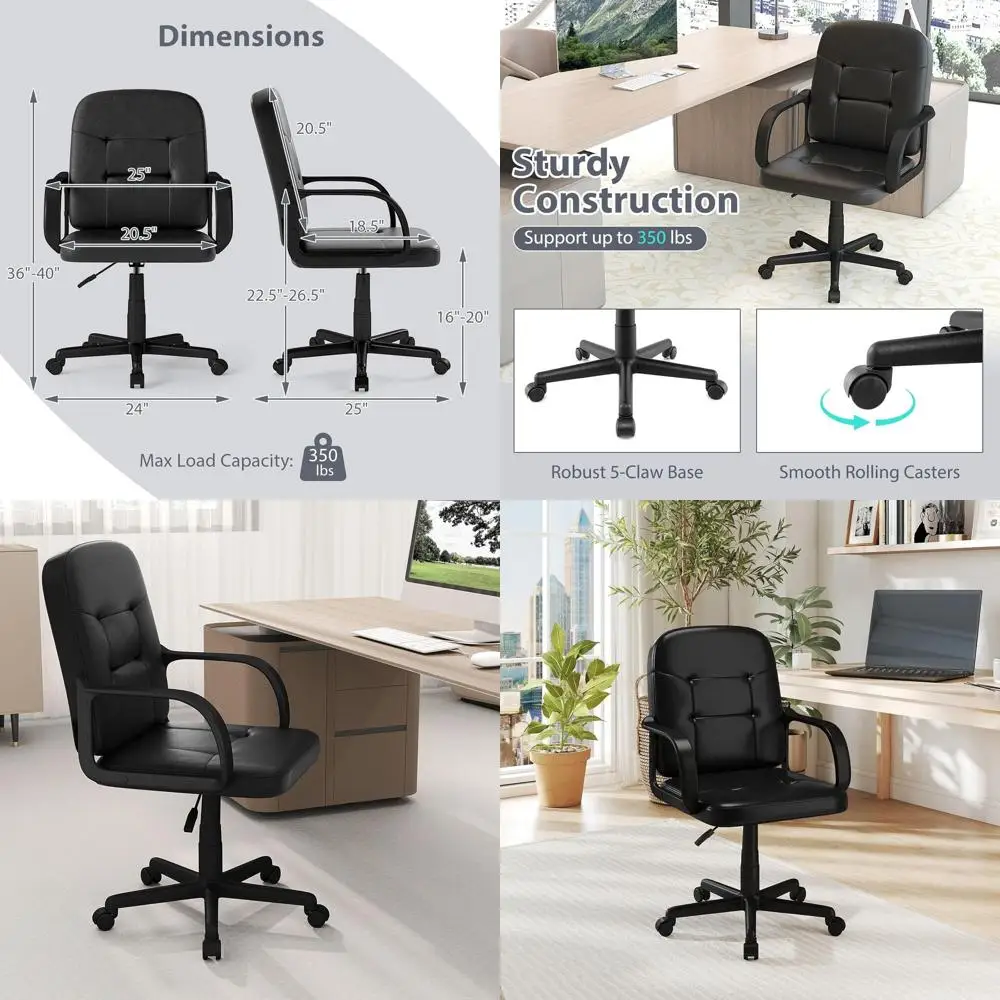 

Ergonomic PU Leather Office Chair with Adjustable Height, Curved Armrests, and Wheels for Comfortable Computing and Gaming, Blac