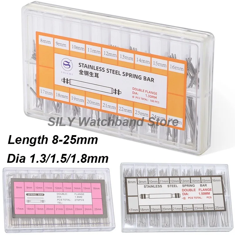 Strainless Steel Spring Bars Dia 1.3mm/1.5mm/1.8mm Belt Strap Connector Link Pin 180/270/360pcs Metal Spring Bar Length 8mm-25mm
