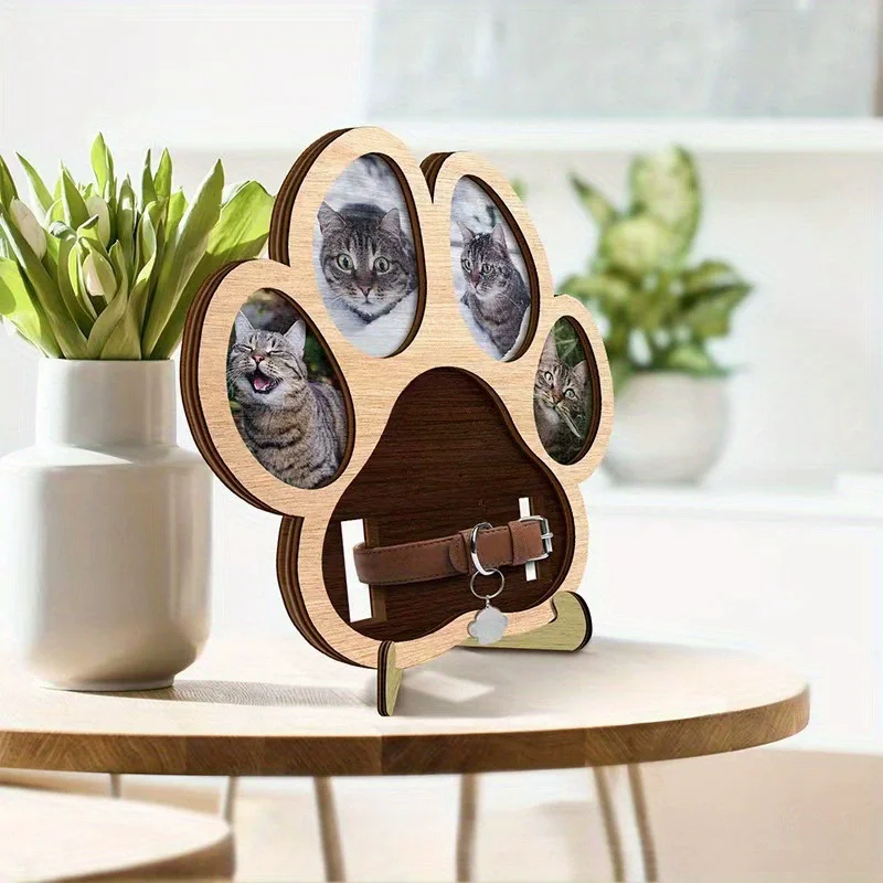 Wooden Pet Paw Photo Frame Dog Cat Collar Holder Memorial Picture Stand Pet Keepsake Bedroom Table Decor Ornament Gift
