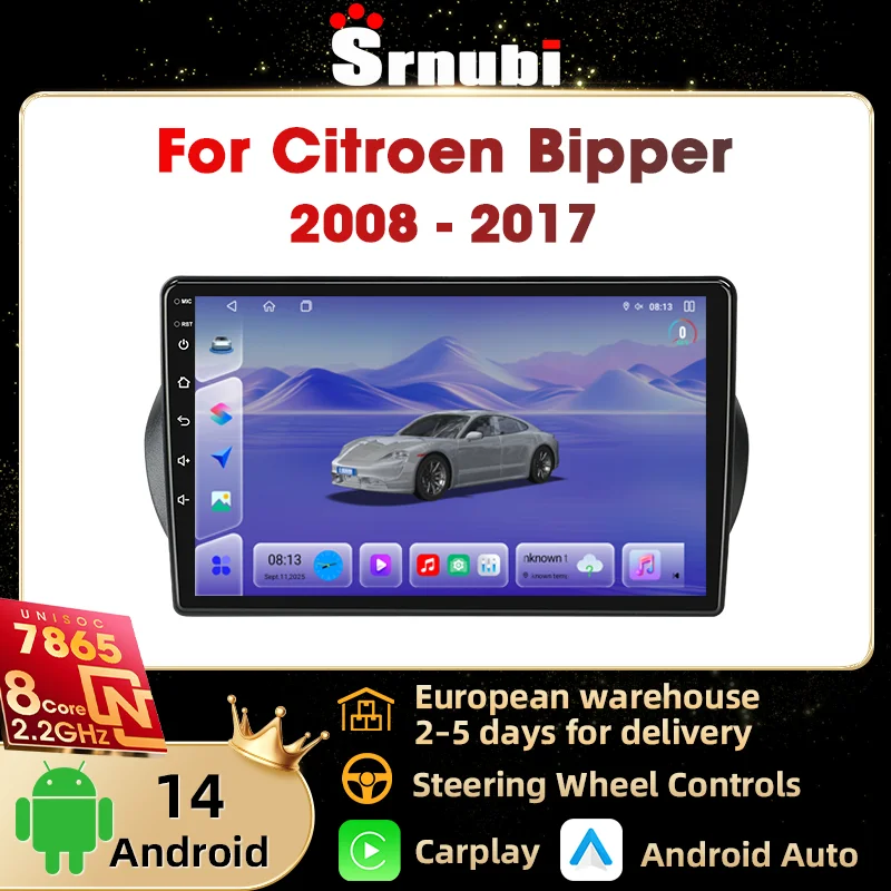 Autoradio Srnubi 2 Din pour Citroen Nemo pour Peugeot Bipper 2008-2017, Carplay sans fil, Android Auto, navigation GPS, lecteur vidéo multimédia 10 pouces, unité principale stéréo UIS7865, prise en charge SWC, écran QLED 4G WIFI