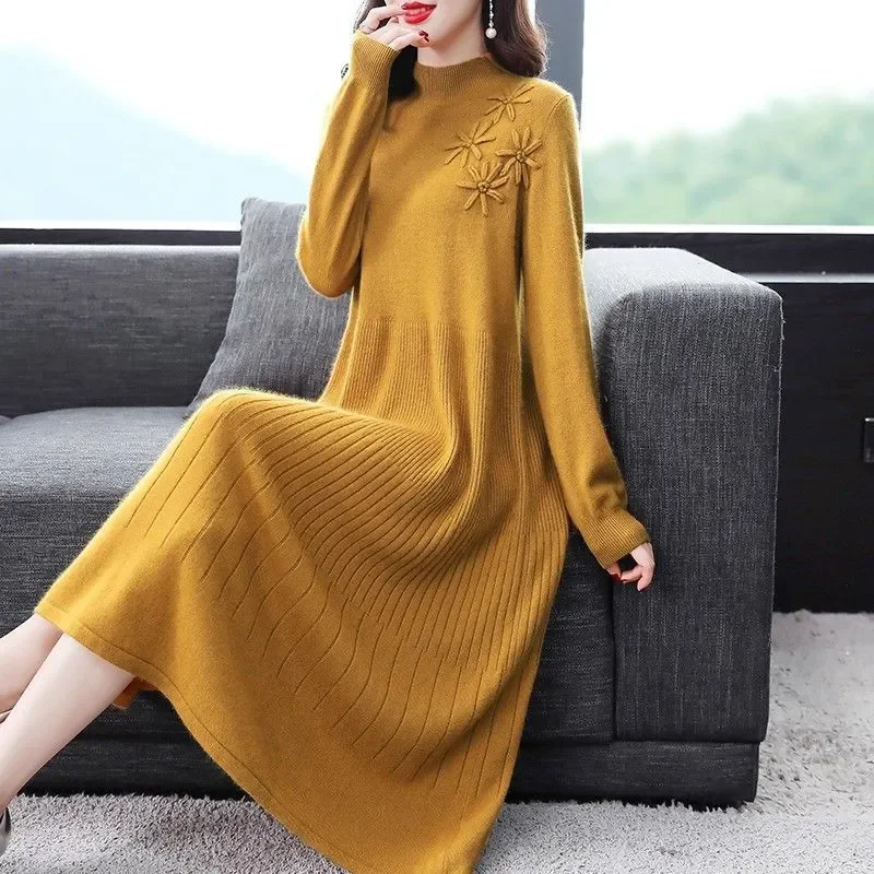 

Half-Turtleneck Embroidered Versatile Loose Knitted Dresses Women 2026 Spring Autumn New Fashion Elegant Long Base Sweater Dress
