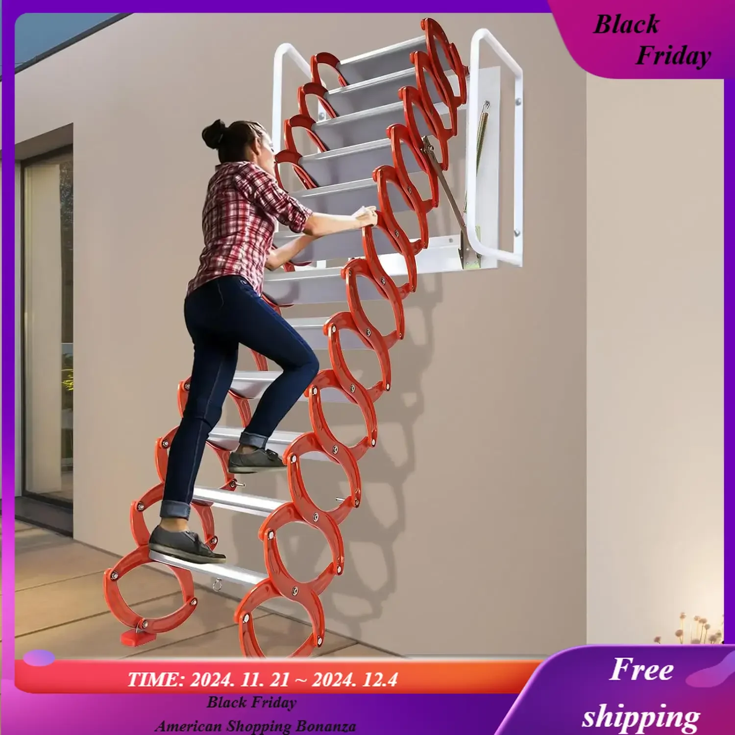 12 Steps Attic Folding Wall Mounted Ladder Orange Loft Folding 10FT HeightAttic Pull Down System Steps Ladd