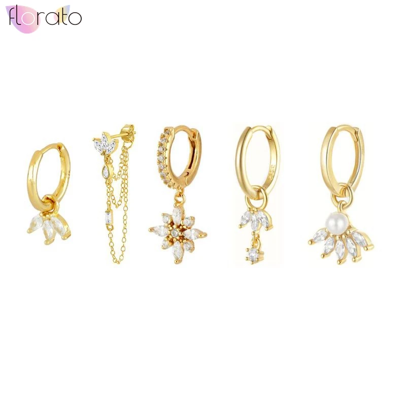 

925 Sterling Silver Needle Delicacy Flower Dangle Hoop Earrings for Women Trefoil Zircon Tassel Pendant Stud Earrings Jewelry