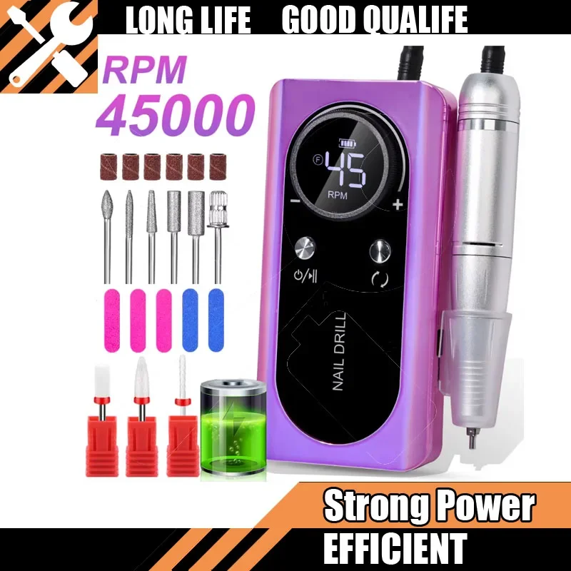 マニキュアツール用45000RPMネイルドリルマシン充電式電動ポータブルネイルサンダーファイルジェルネイル研磨用