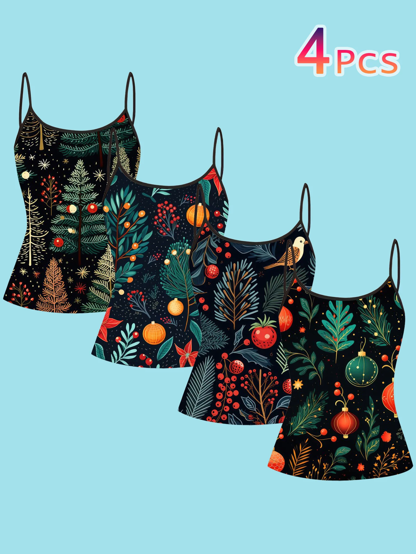 4-Piece Set of Christmas-Themed Camisoles for Women, Black Base with Pine Trees, Red Berries, and Colorful Balls, Holiday Print, Slim-Fit Spaghetti Strap Tops