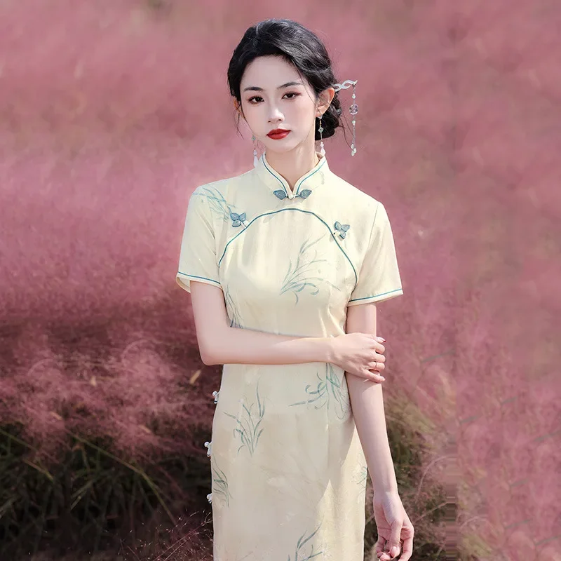 

Летнее женское длинное платье Cheongsam в китайском традиционном стиле, новое улучшенное женское атласное платье Ципао с воротником-стойкой и принтом