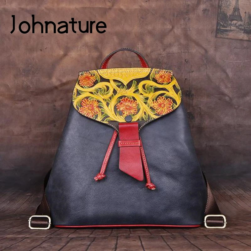 

Johnature 2024 New Luxury Women Bag Handmade First Layer Cow Leather Backpack Retro Embossing Floral Lady Travel Backbags