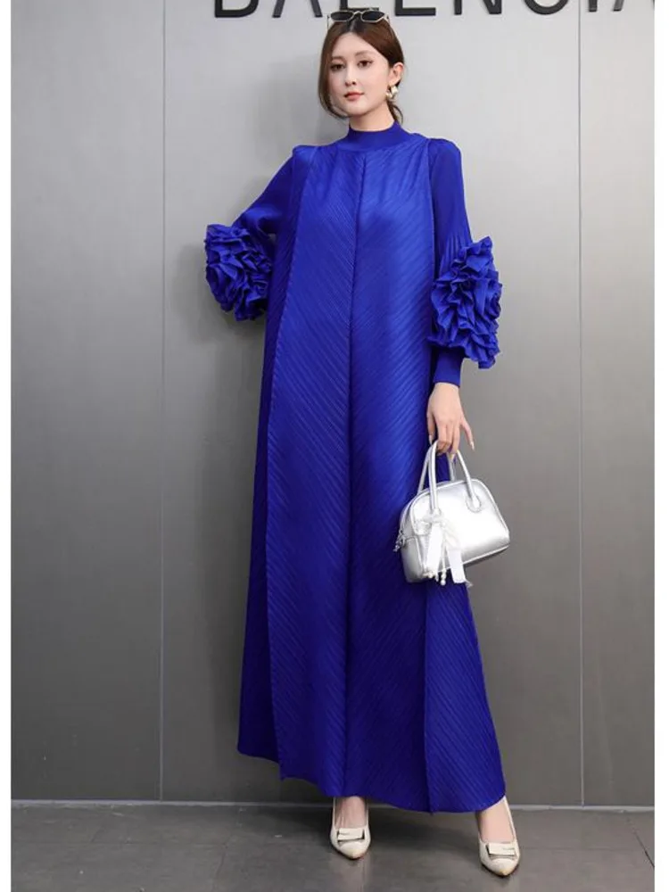 SHENGPALAE Pleated 3D Flowers Long Dresses For Women Stand Collar Solid Color Evening Party New 2025 Spring Female Dress 5G363