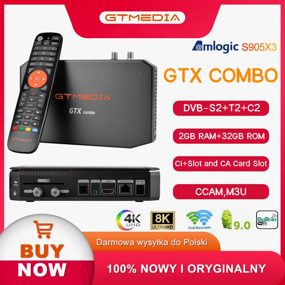 GTMEDIA GTX Combo 4K/8K Smart TV Box Android 9.0+DVB-S/S2/S2X+T/T2+C/C2, Ranura para Tarjeta CA&CI+1.4, SATA-HDD, Almacén en Polonia, Disponible