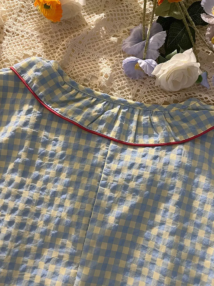 

Новинка INS Japanese Sle Simple Plaid Spwear Women ort Sve Long Dr Sweet Thin Continuous Sp Юбка Домашняя одежда
