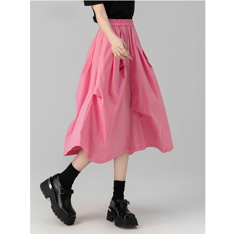 

Новинка 202, летние женские повседневные свободные юбки трапециевидной формы с высокой талией, универсальные плиссированные юбки до середины икры хорошего качества с оборками T174