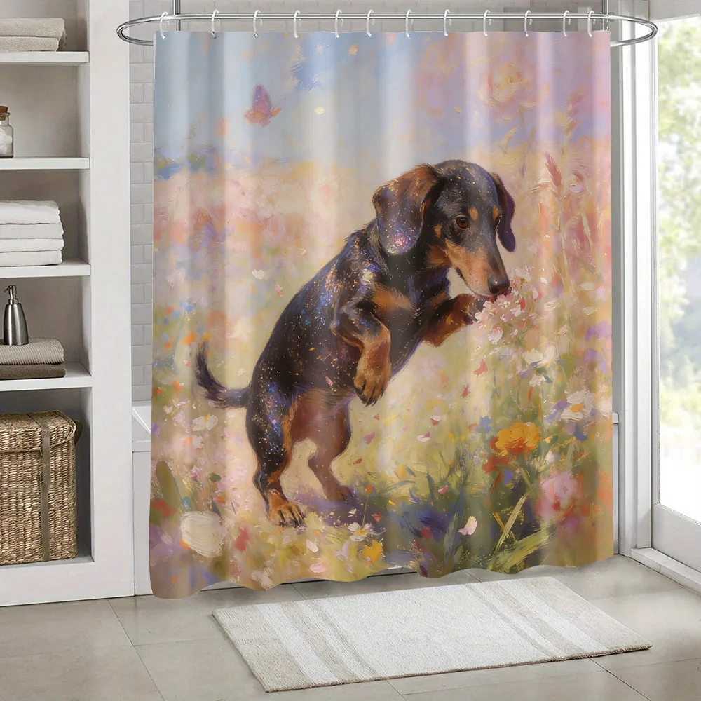 Watercolor Dog Portrait Shower Curtain Woodland Floral Puppy Art Bathroom Decor Shower Curtain
