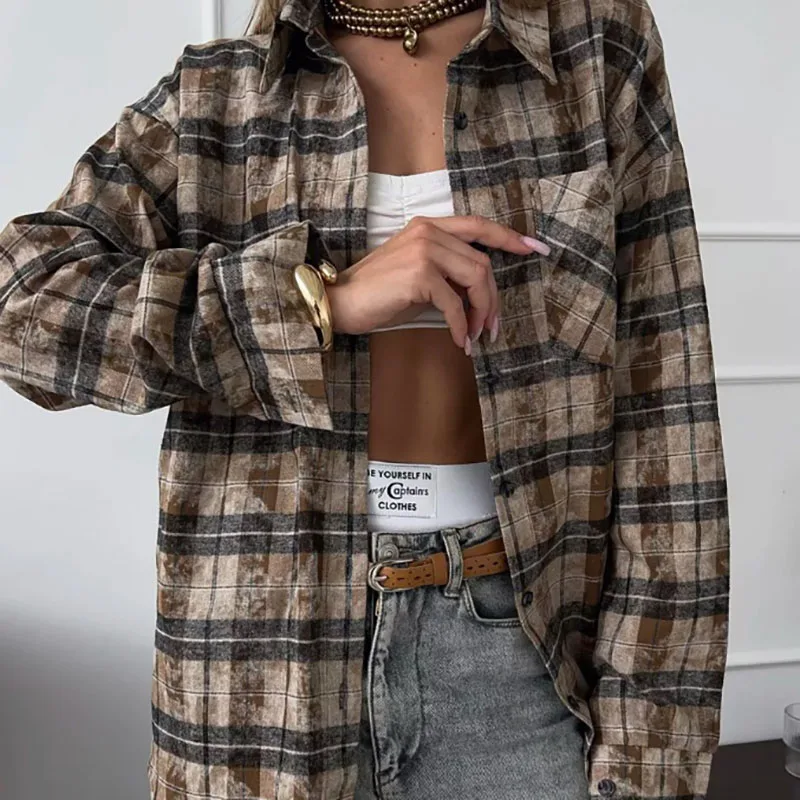 エレガントな女性用長袖ラペル通勤シャツ、レジャーポケット付きチェック柄プリントレディースブラウス、新作秋シングルブレストレトロコート
