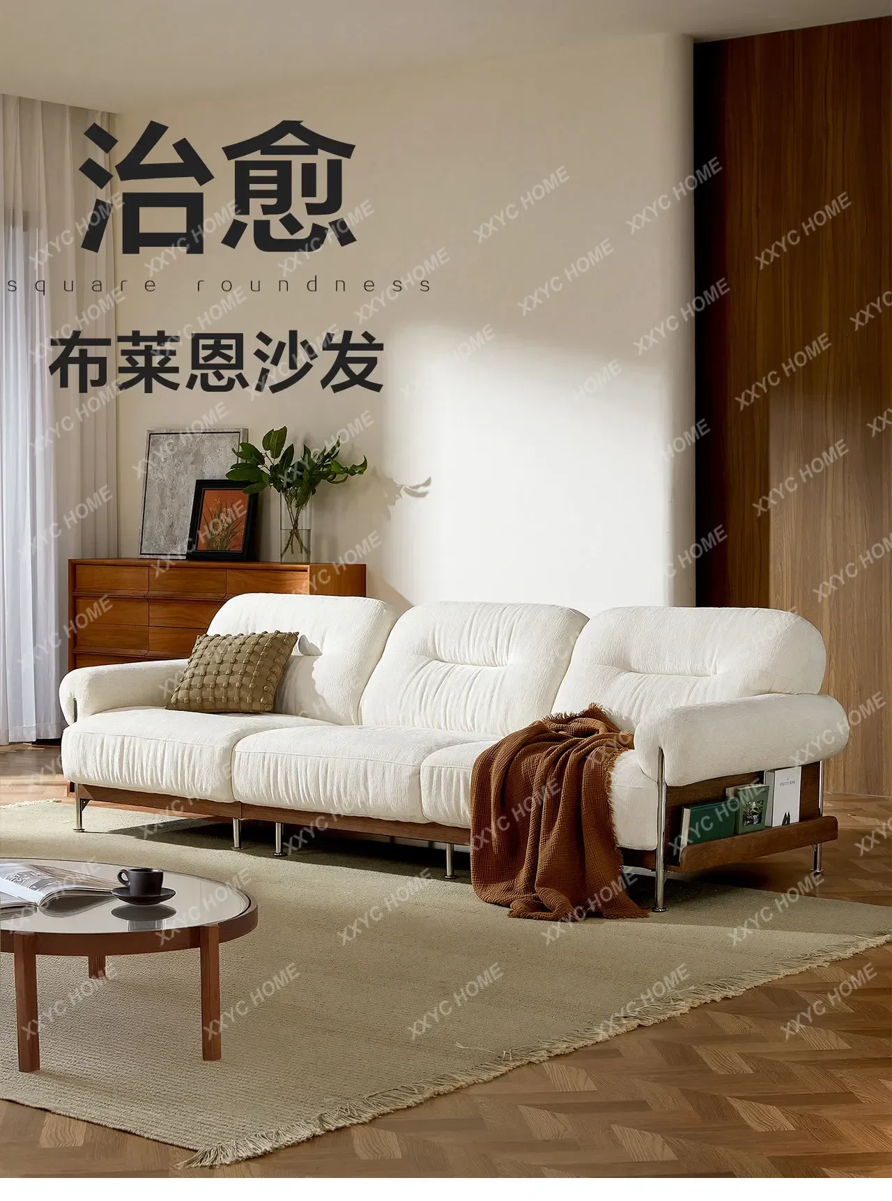 Medieval cream style fabric sofa retro solid wood chenille removable and washable straight sofa