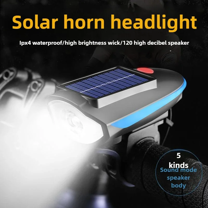 Solar Bicycle Horn Headlight Rechargeable Bike Headlight Waterproof LED Flashlight Tweeter Safety Warning Bell Bike Accessories