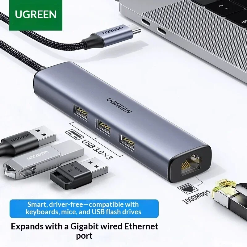 UGREEN 20920 USB-C Hub CM475 3 USB 3.0 Ports Gigabit RJ45 Ethernet Adapter Plug and Play Braided Cable for Laptops