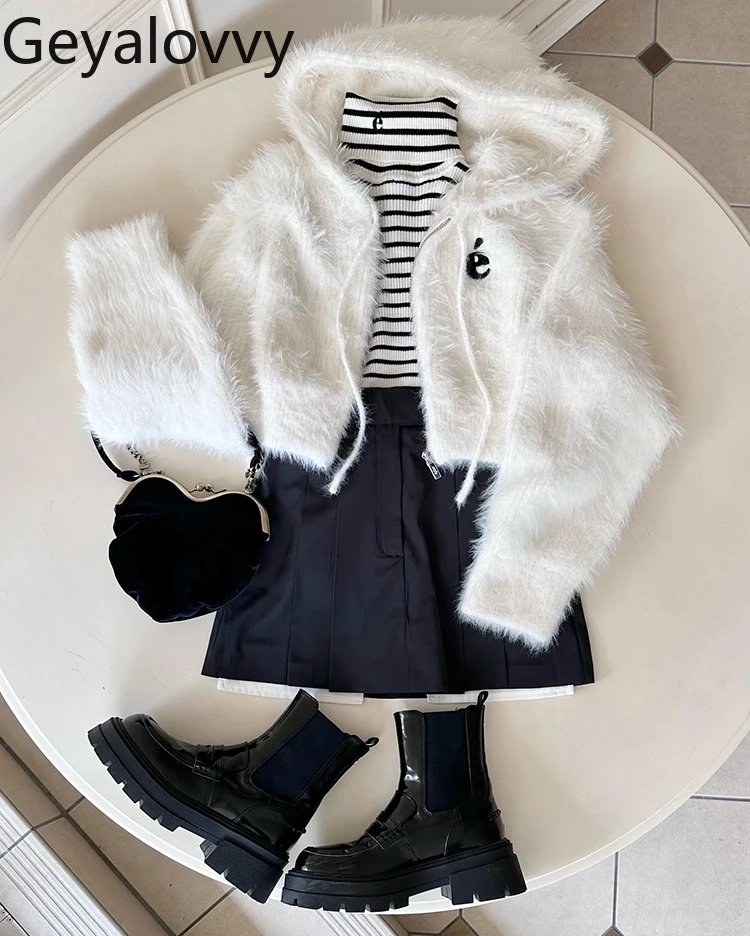 

Cardigan Coats for Women Japanese Style Solid Color Faux Mink Fur Hooded Long Sleeve Short Sweet Knitted Sweater Cardigan