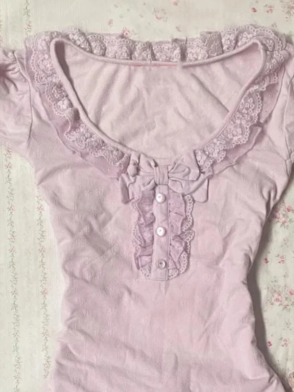 Original violet dentelle garniture ort Sve t-shirt femmes été Vintage Vintage haut ajusté coton mélange tenue décontracté