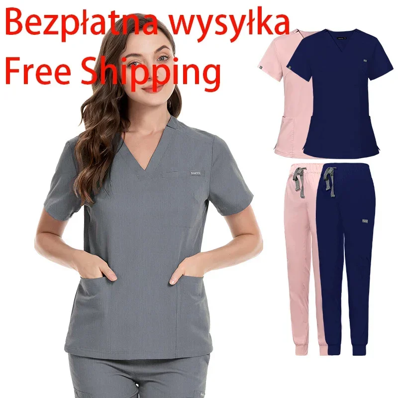 Mulheres Casual curto mangas v-Neck Jogger ternos, Hospital Médico Enfermagem Uniforme, Enfermeira Farmácia Trabalho médicos Uniformes, Atacado