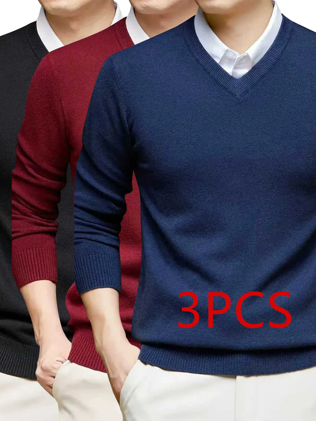 

3-Pack Men's V-Neck Knitwear, Spring and Autumn Thin Solid Color Base Sweater, Versatile Business Inner Wear Top