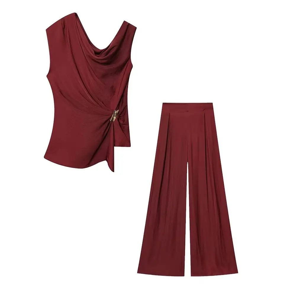 

KONDALA шикарный красный женский костюм с открытыми плечами асимметричный жилет + эластичная талия широкие длинные брюки мода 2025 винтажный женский комплект