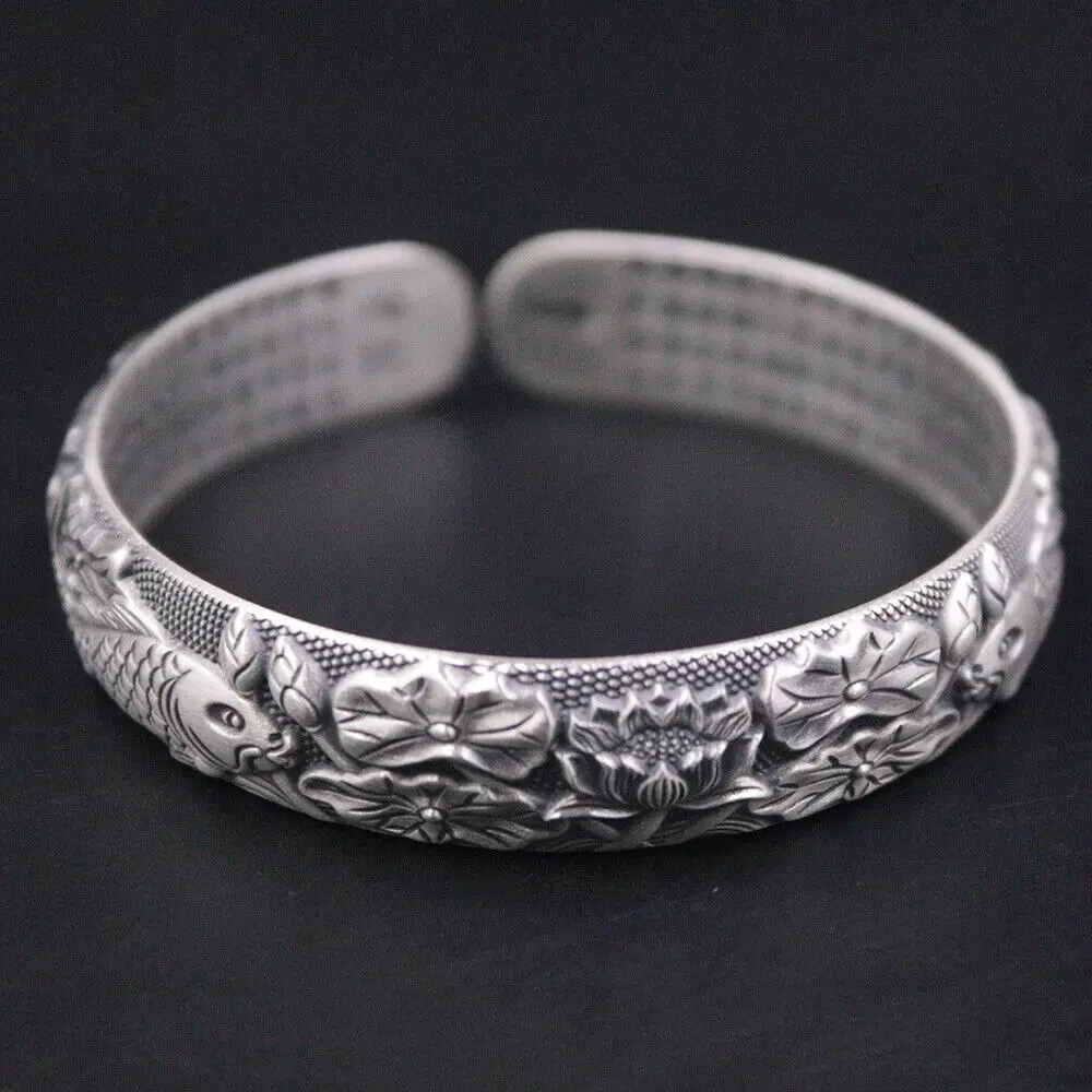 

Solid 999 Fine Silver 12mm Lotus And Buddhist Heart Sutra Cuff Bangle Dia.2.36"