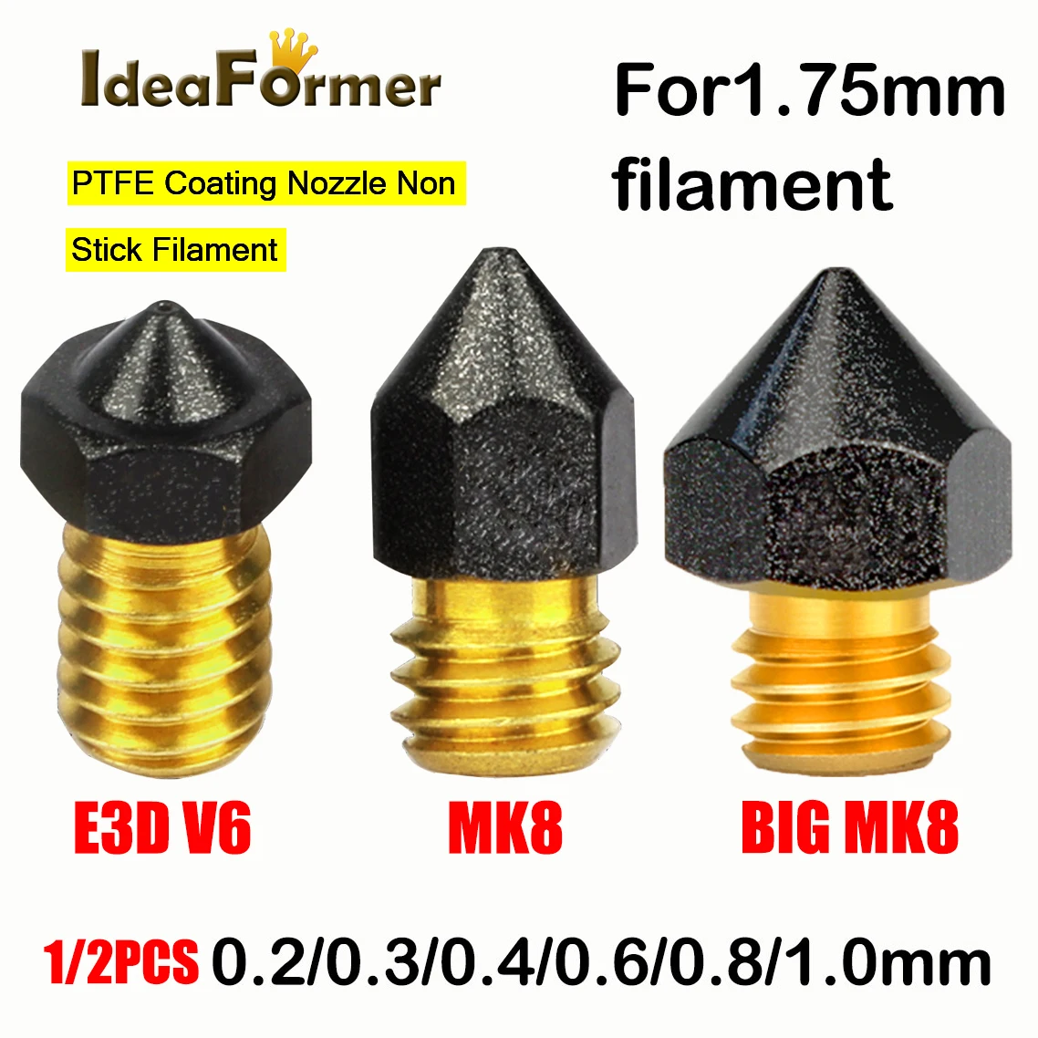 

1/2pc 3D Printer V6/MK M6 Threaded Brass PTFE Nozzle 0.2/0.3/0.4/0.5/0.6/0.8/1.0mm for 1.75mm Filament E3D V6/MK Hotend Extruder