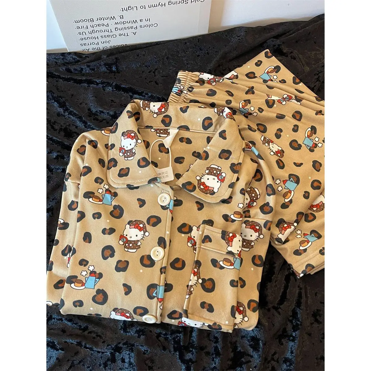 Hello Kitty Women's Brown Leopard Dralon Pajama Set Fall Winter Plush Thermal Long Sleeve Pants Cozy Home Loungewear
