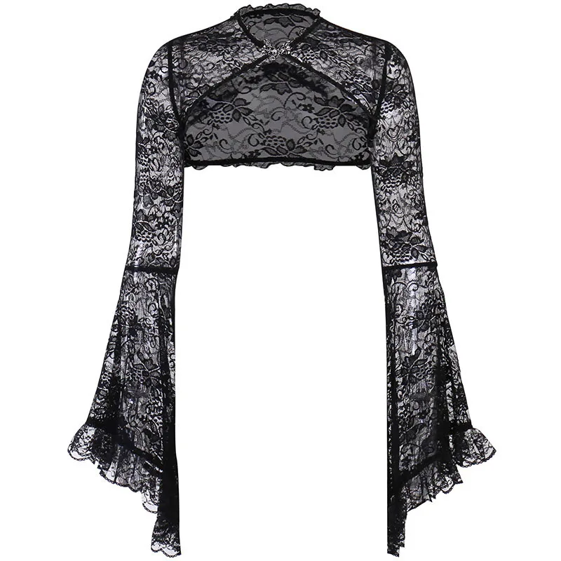 Lace Shrugs Sheer Crop Tops Long Bell Sleeves Cardigan Women Dark Gothic Wedding Punk Sexy Crochet Bolero Cover Up Shirt