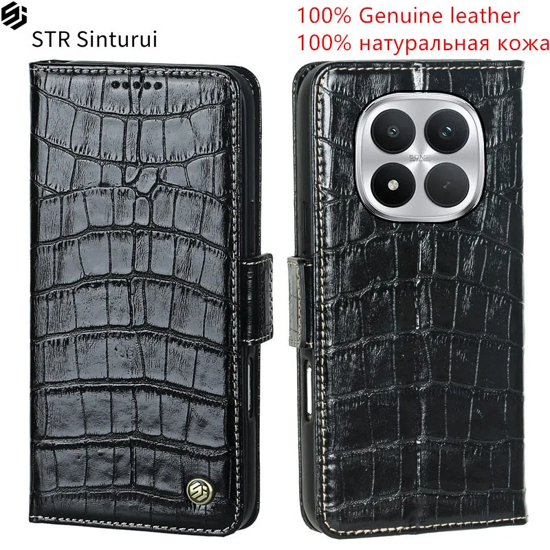 

STR Genuine leather crocodile grain card Slot Wallet Cover For Xiaomi Poco M8 M7 M6 Pro 5G 4G M5s M5 Flip shockproof phone Case