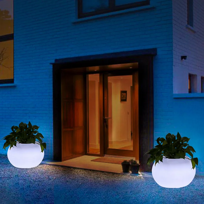 REAQ Drum-Shaped LED Floor Boughpot Luxury Decorative Lights Garden Supplies PE Plastic Flowerpots Hotel Garden Villa Decor