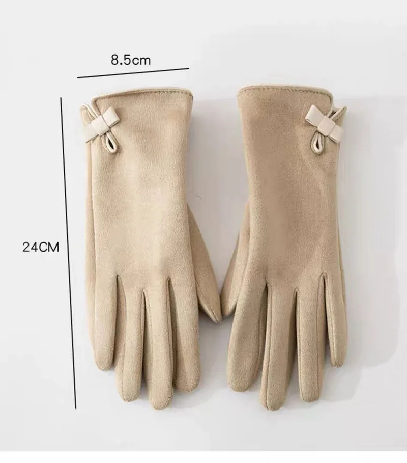 Fahion Suede Leather Bow Thicken Touch Screen Driving Warm Gloves For Sports Winter Outdoor Plus Velvet Cold Protection Women's