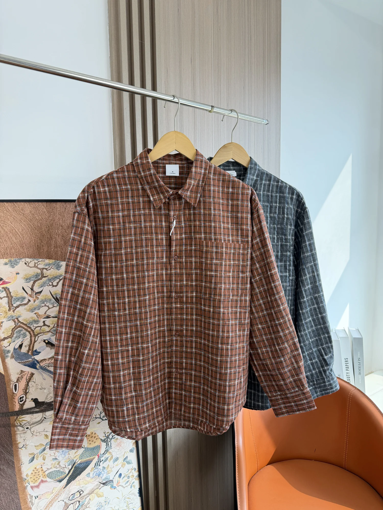 

Retro Japanese Style Khaki Long Sleeve Shirt Casual Plaid Pattern Men's Spring Washed Collar Casual Shirt Comfortable Breathable